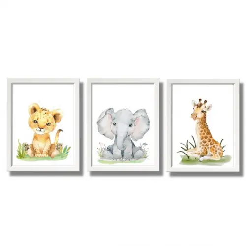 Kit 3 Quadros Tema Safari Moldura Branca com Vidro 23x33cm