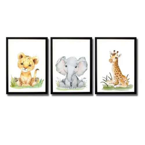 Kit 3 Quadros Tema Safari Moldura Preta com Vidro 23x33cm