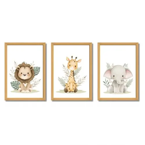 Kit 3 Quadros Safari para Quarto de Bebê Infantil |com Vidro