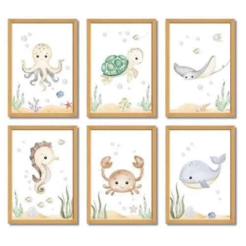 Kit 6 Quadros para Quarto Infantil | Fundo do Mar Aquarela