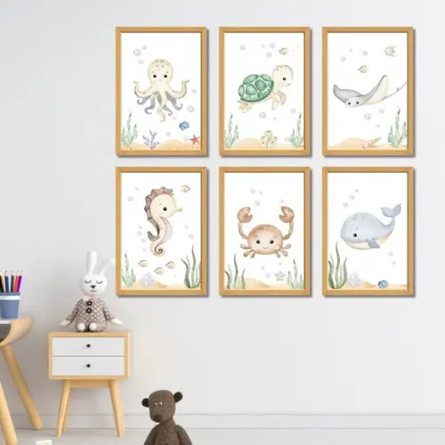 Kit 6 Quadros para Quarto Infantil | Fundo do Mar Aquarela