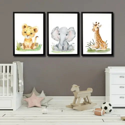 Kit 3 Quadros Tema Safari Moldura Preta com Vidro 23x33cm