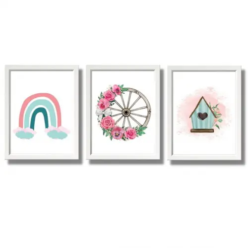 kit de quadros para quarto de menina com moldura e vidro