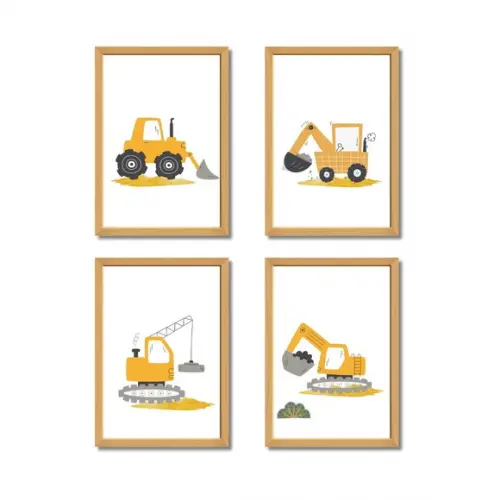 Kit de Quadros Trator Amarelo | Tema Construção | com Vidro