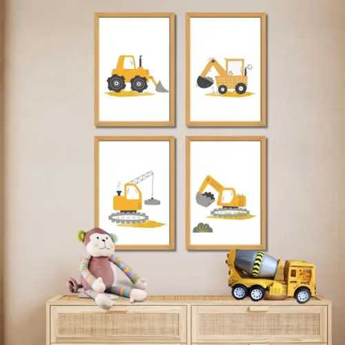 Kit de Quadros Trator Amarelo | Tema Construção | com Vidro