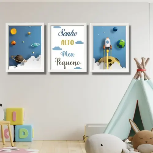 Kit Quadrinhos Astronauta com Frase Moldura Branca 20x30 cm