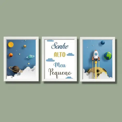 Kit Quadrinhos Astronauta com Frase Moldura Branca 20x30 cm
