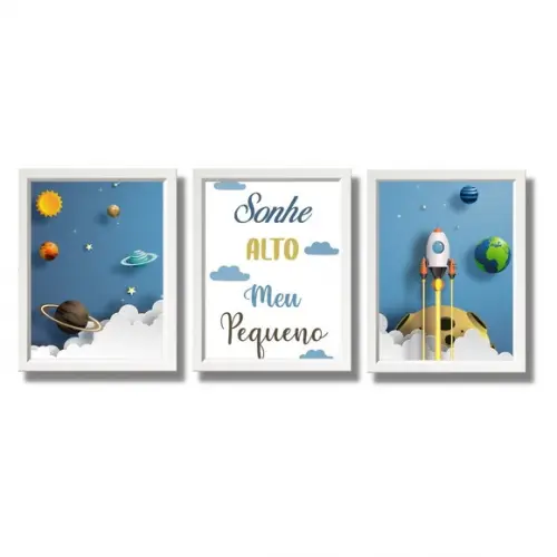 Kit Quadrinhos Astronauta com Frase Moldura Branca 20x30 cm
