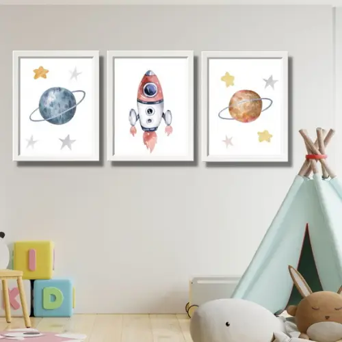 Kit Quadrinhos Astronauta Moldura Branca com Vidro 20x30 cm