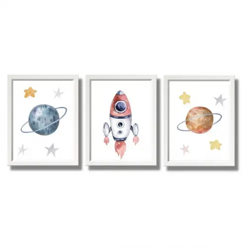 Kit Quadrinhos Astronauta Moldura Branca com Vidro 20x30 cm