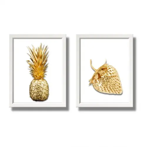 Kit Quadrinhos Decorativo Cozinha Bacaxi Maça Dourada 20x30