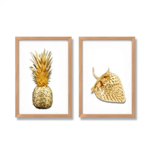 Kit Quadrinhos Decorativo Cozinha Bacaxi Maça Dourada 20x30