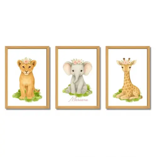 Kit Quadrinhos para Quarto de Menina Safari Animais com Flor