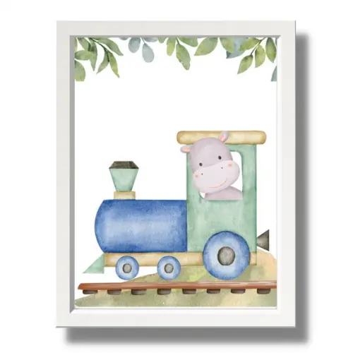 Kit Quadro Animais Safari Leão Aquarela Trenzinho com Vidro