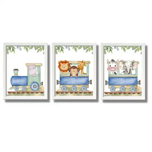 Kit Quadro Animais Safari Leão Aquarela Trenzinho com Vidro