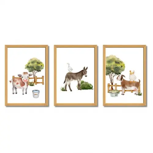 Kit Quadro Animais da Fazenda Aquarela Moderno Bebê 33x43 cm