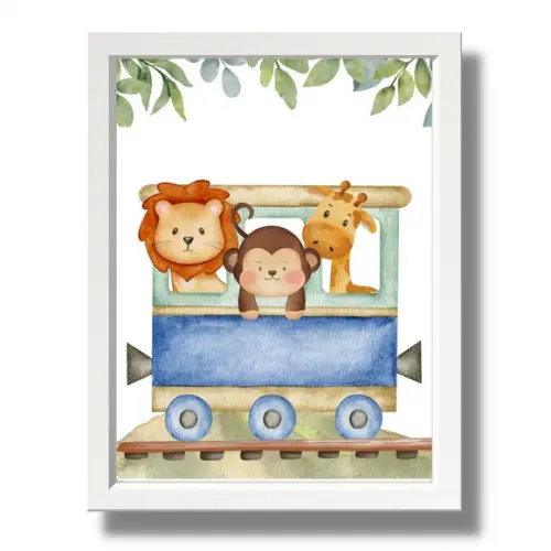 Kit Quadro Animais Safari Leão Aquarela Trenzinho com Vidro