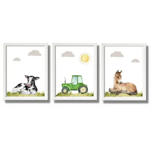 Kit Quadro Cavalo Vaca Trator Quarto Bebe com Vidro 23x33 cm