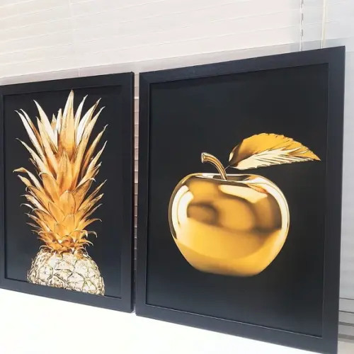 Kit Quadro Decorativo Cozinha Dourado Moldura 33x43 c/ Vidro
