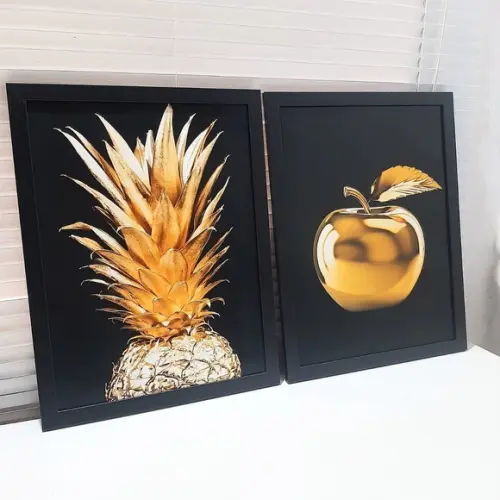 Kit Quadro Decorativo Cozinha Dourado Moldura 33x43 c/ Vidro