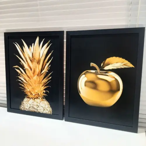 Kit Quadro Decorativo Cozinha Dourado Moldura 33x43 c/ Vidro