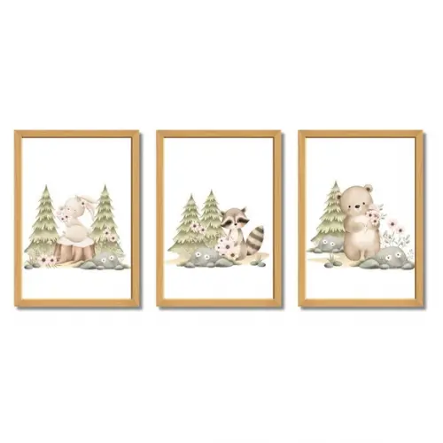 Kit Quadro Decorativo Infantil Animais da Floresta com Vidro