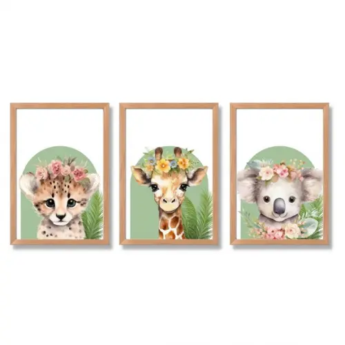 Kit Quadro Decorativo Infantil Feminino Safari Moderno 23x33