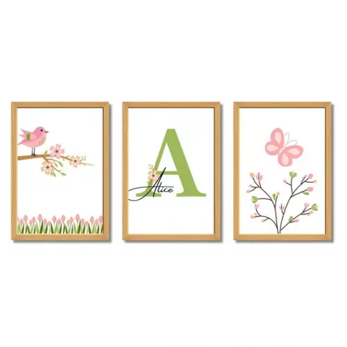 Kit Quadro Decorativo Infantil Feminino Borboleta com Nome