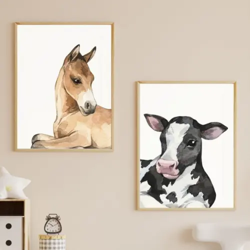 Kit Quadro Decorativo Infantil Vaca Cavalo Aquarela 33x43 cm