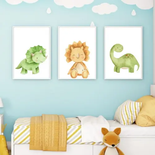 Kit Quadro Dino Baby Moldura Branca com Vidro 23x33cm