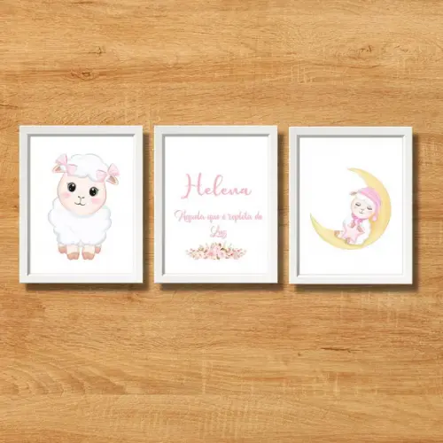 Kit Quadro Grande Ovelhas para Quarto de Bebe com Nome 30x40