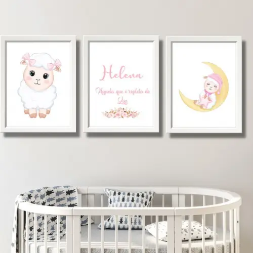 Kit Quadro Grande Ovelhas para Quarto de Bebe com Nome 30x40