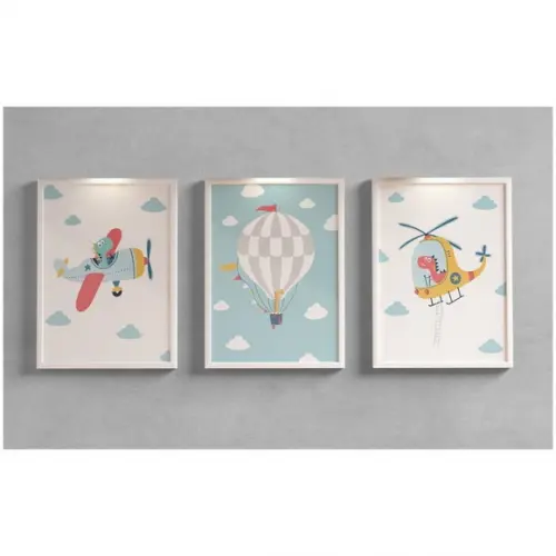 Kit Quadro Infantil Avião Dino Balão com Vidro 23x33 cm