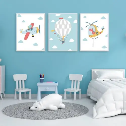 Kit Quadro Infantil Avião Dino Balão com Vidro 23x33 cm