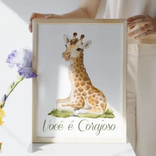 Kit Quadro Infantil Frase Forte e Corajoso Moldura com Vidro