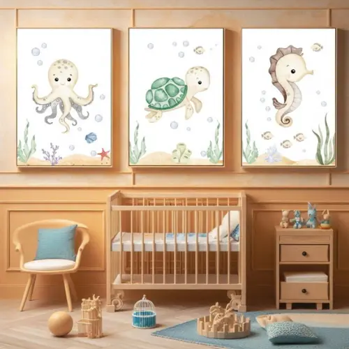 Kit Quadro Infantil Fundo do Mar Aquarela Moldura com Vidro