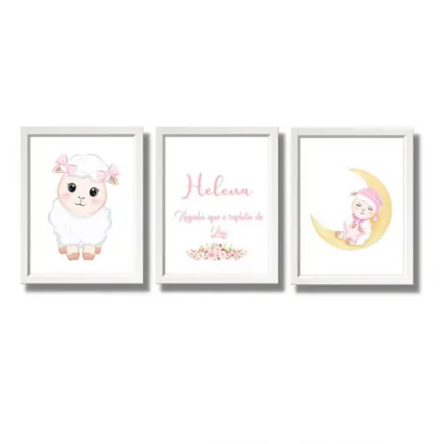 Kit Quadro Infantil Ovelhinha Personalizado c/ Nome 20x30
