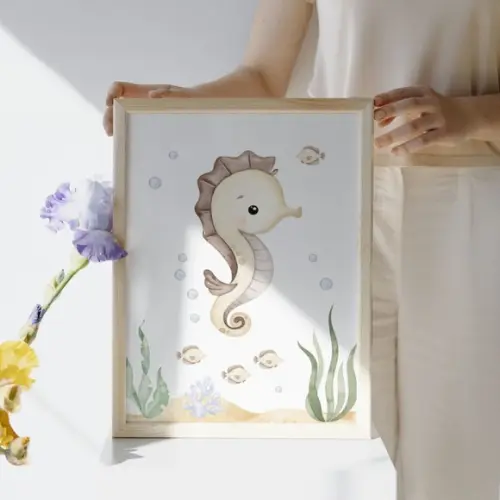 Kit Quadro Infantil Fundo do Mar Aquarela Moldura com Vidro