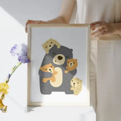 Kit Quadro Infantil Urso Fofo Quarto de Bebê Moldura e Vidro