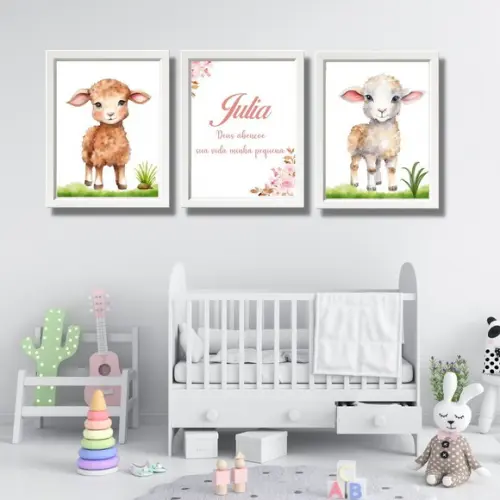 Kit Quadro Ovelha para Quarto de Menina com Nome 30x40 Vidro