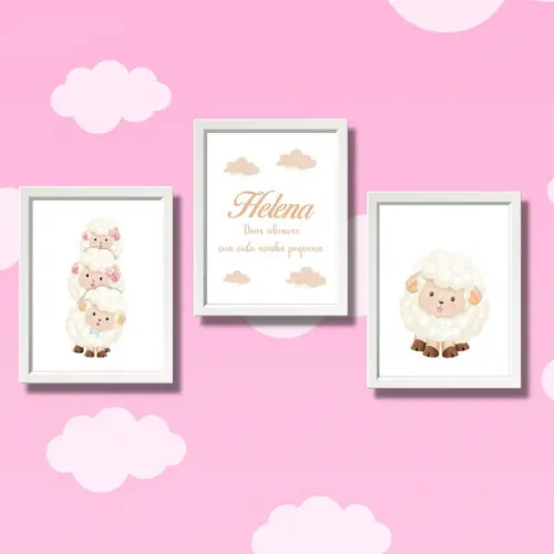 Kit Quadro Ovelha para Quarto de Menina com Nome 30x40cm