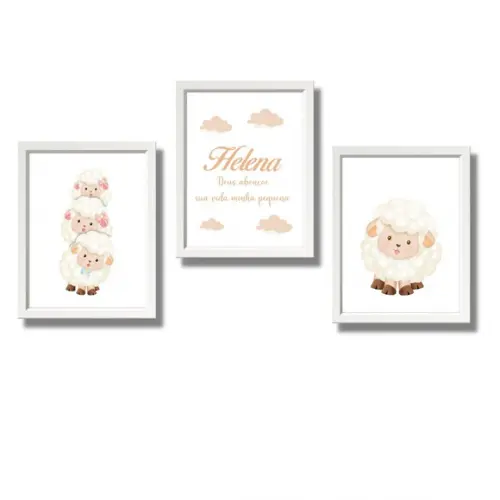 Kit Quadro Ovelha para Quarto de Menina com Nome 30x40cm