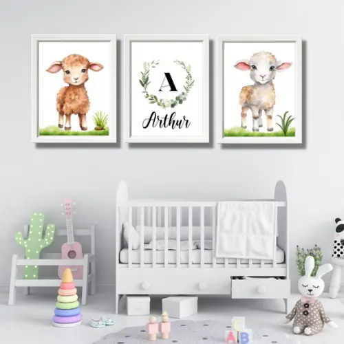 Kit Quadro Ovelha para Quarto de Menino com Nome 30x40 cm