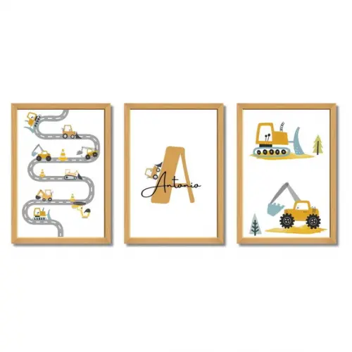 Kit Quadro para Quarto de Menino Trator Estradinha 33x43 cm