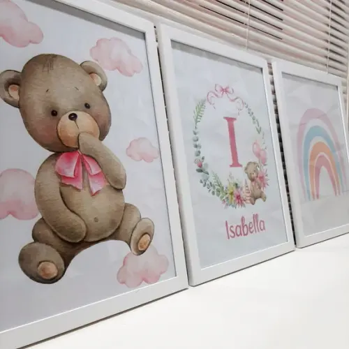 Kit Quadro Personalizado Infantil Quarto de Menina com Vidro