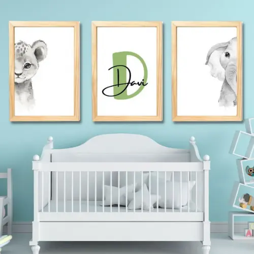 Kit Quadro Personalizado Safari com Nome Davi Moldura 23x33