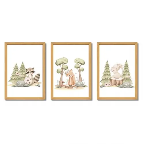 Kit Quadros Animais da Floresta Quarto Infantil com Vidro