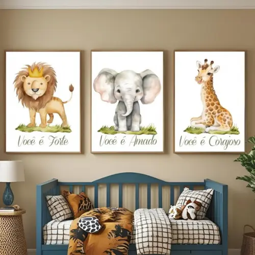 Kit Quadros Animais Leão Girafa com Frase Moldura com Vidro