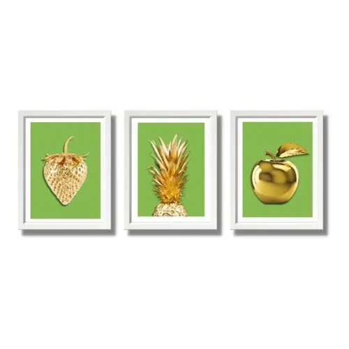 Kit Quadros Cozinha Frutas Douradas Fundo Verde 23x33cm