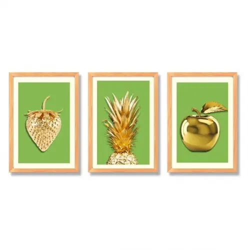 Kit Quadros Cozinha Frutas Douradas Fundo Verde 23x33cm